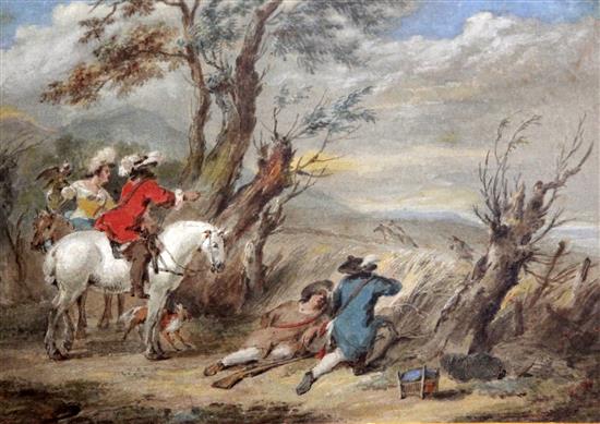 Attributed to Jan Wyck (1640-1702) Hawking and Night Fishing 7.75 x 10.5in.